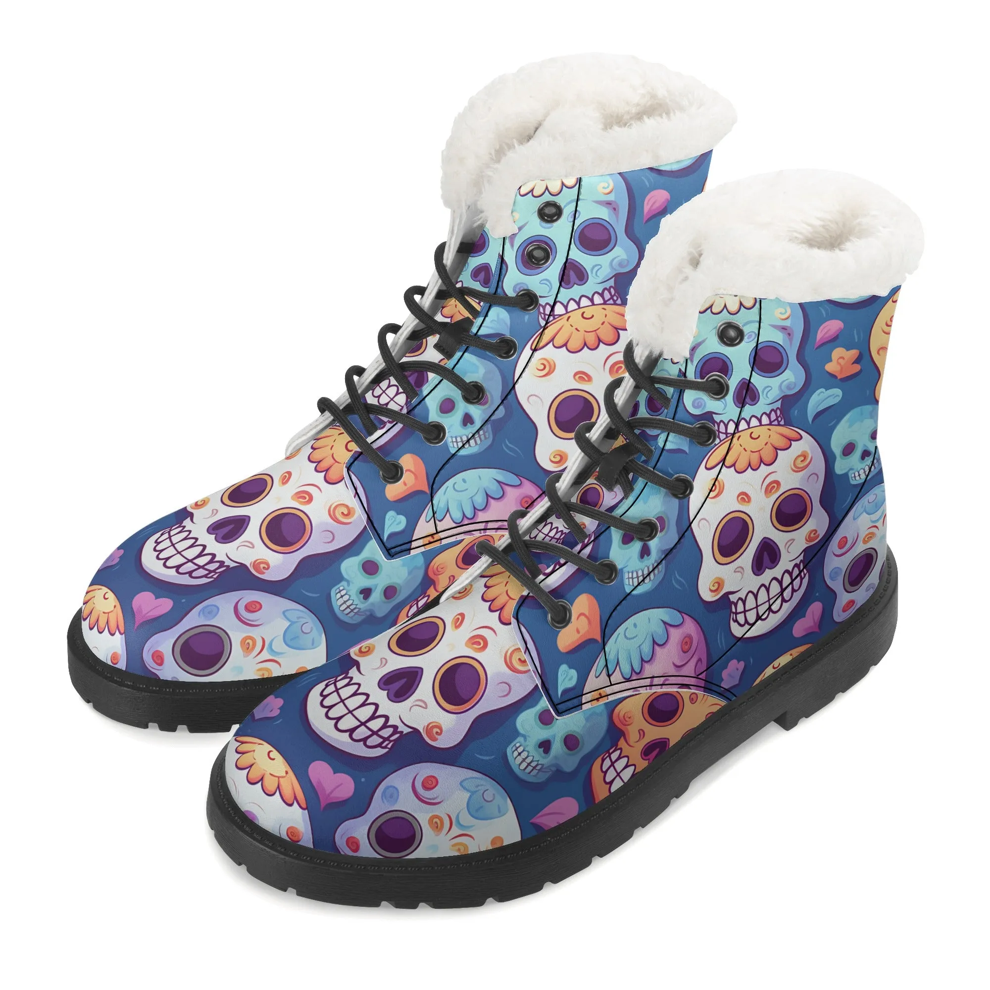 Womens Colorful Skulls Faux Fur Leather Boots