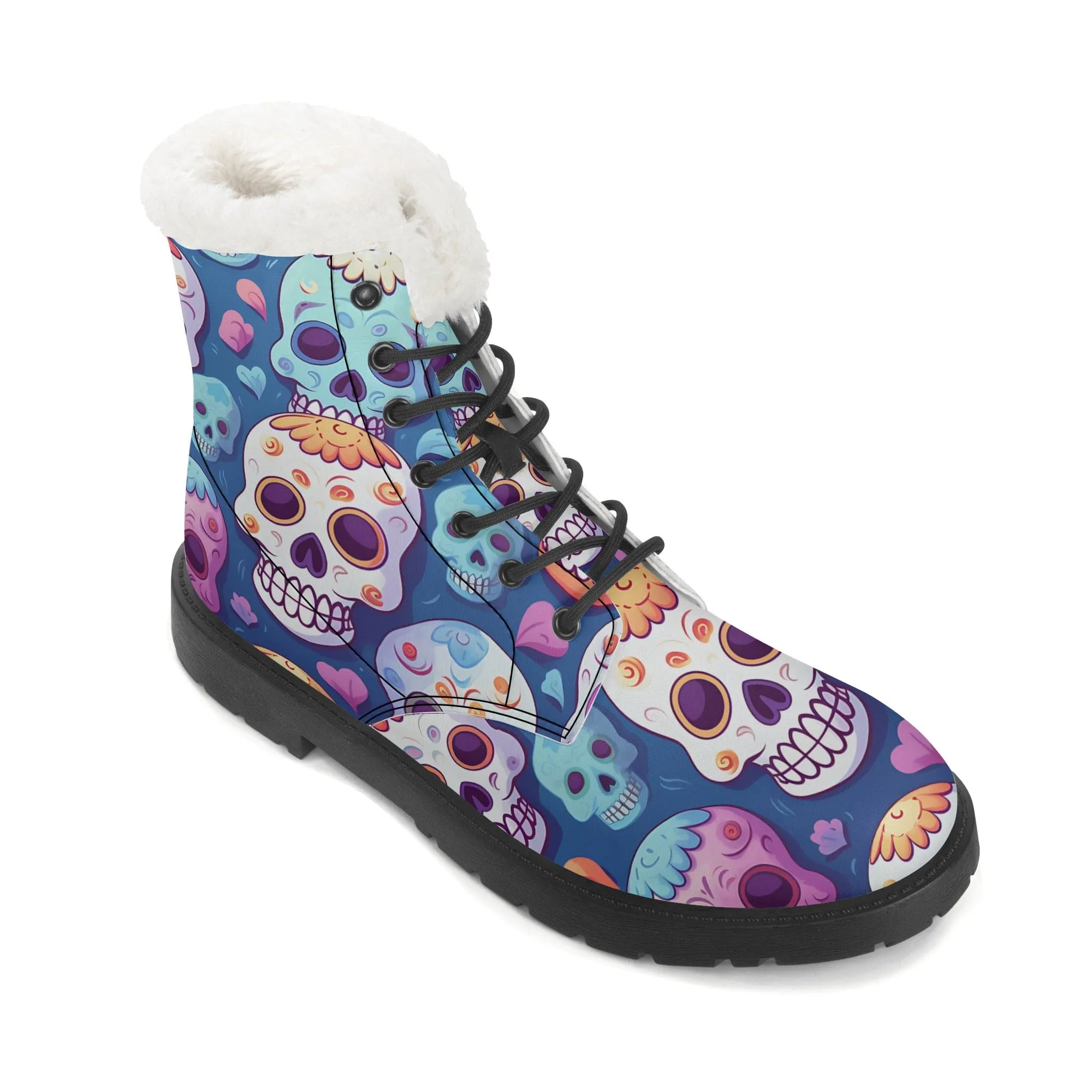 Womens Colorful Skulls Faux Fur Leather Boots