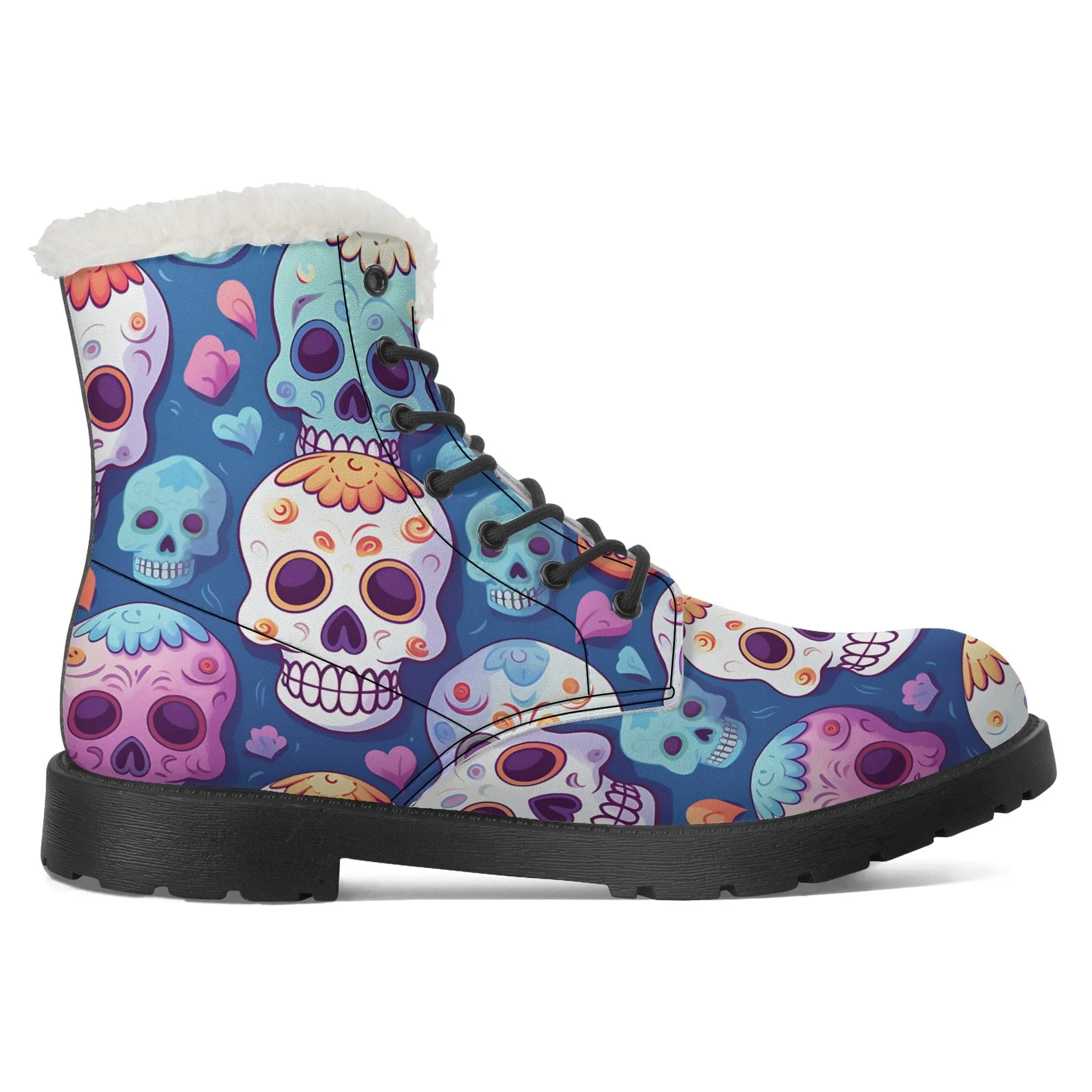 Womens Colorful Skulls Faux Fur Leather Boots