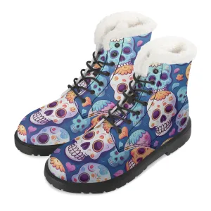 Womens Colorful Skulls Faux Fur Leather Boots