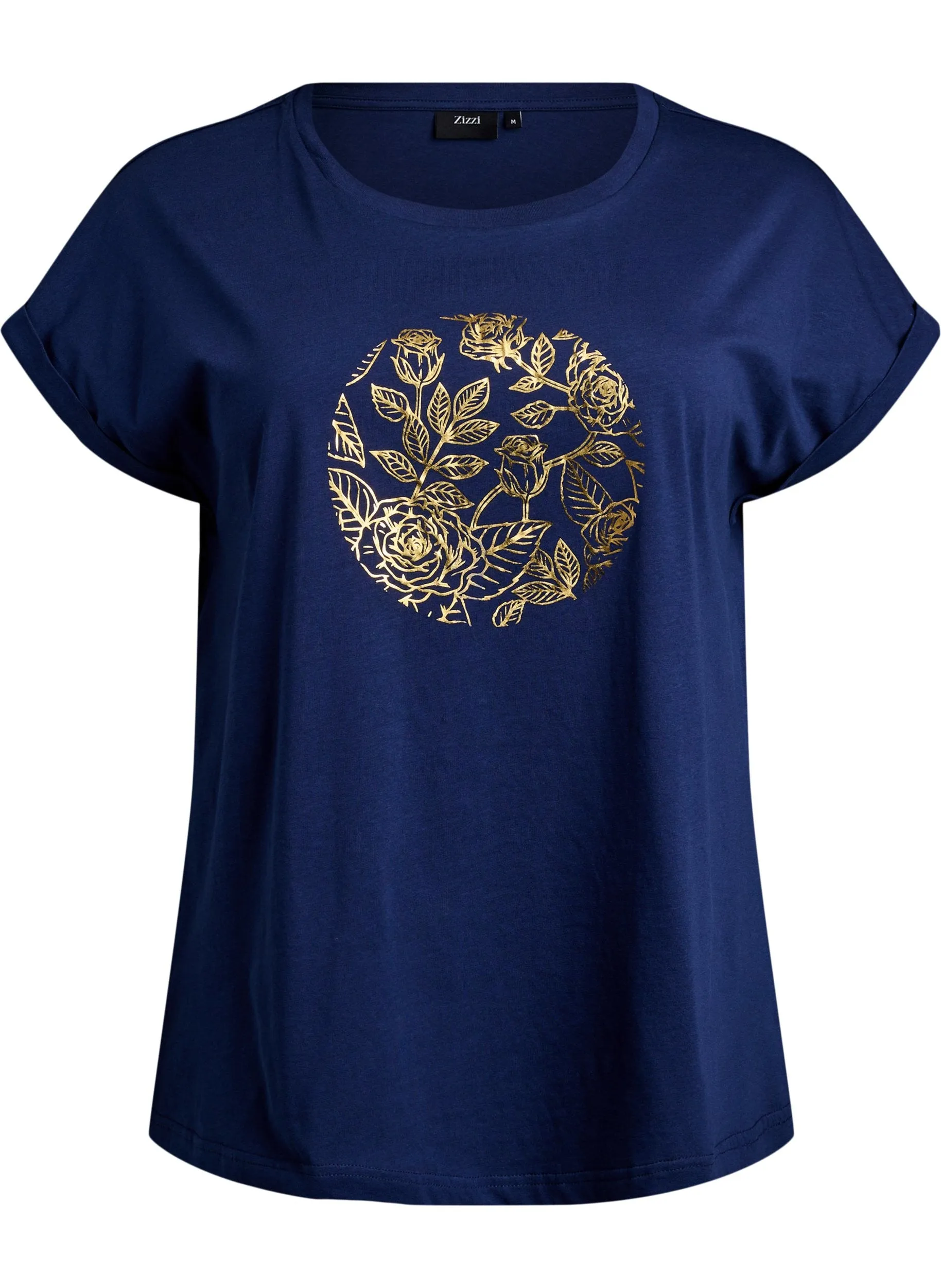 Zizzi Elin Navy T-Shirt in Gold Leaf